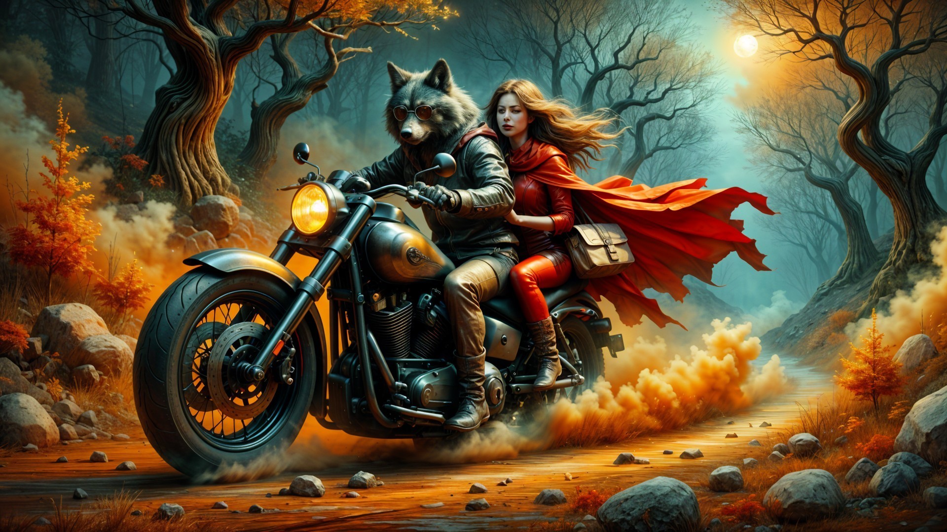 Duo Riding Through a Mystical Forest at Night