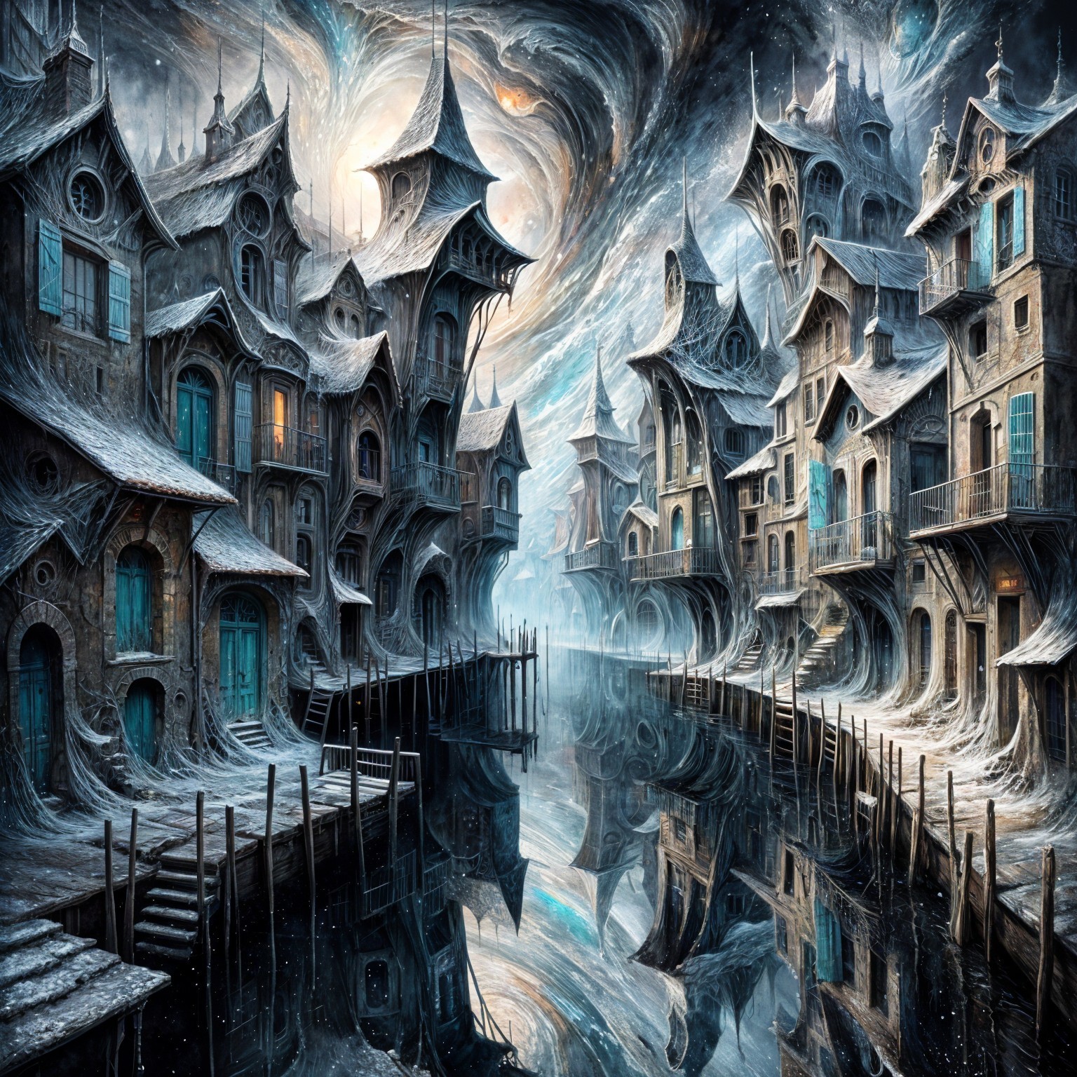 Surreal Landscape of Twisted Buildings and Mist