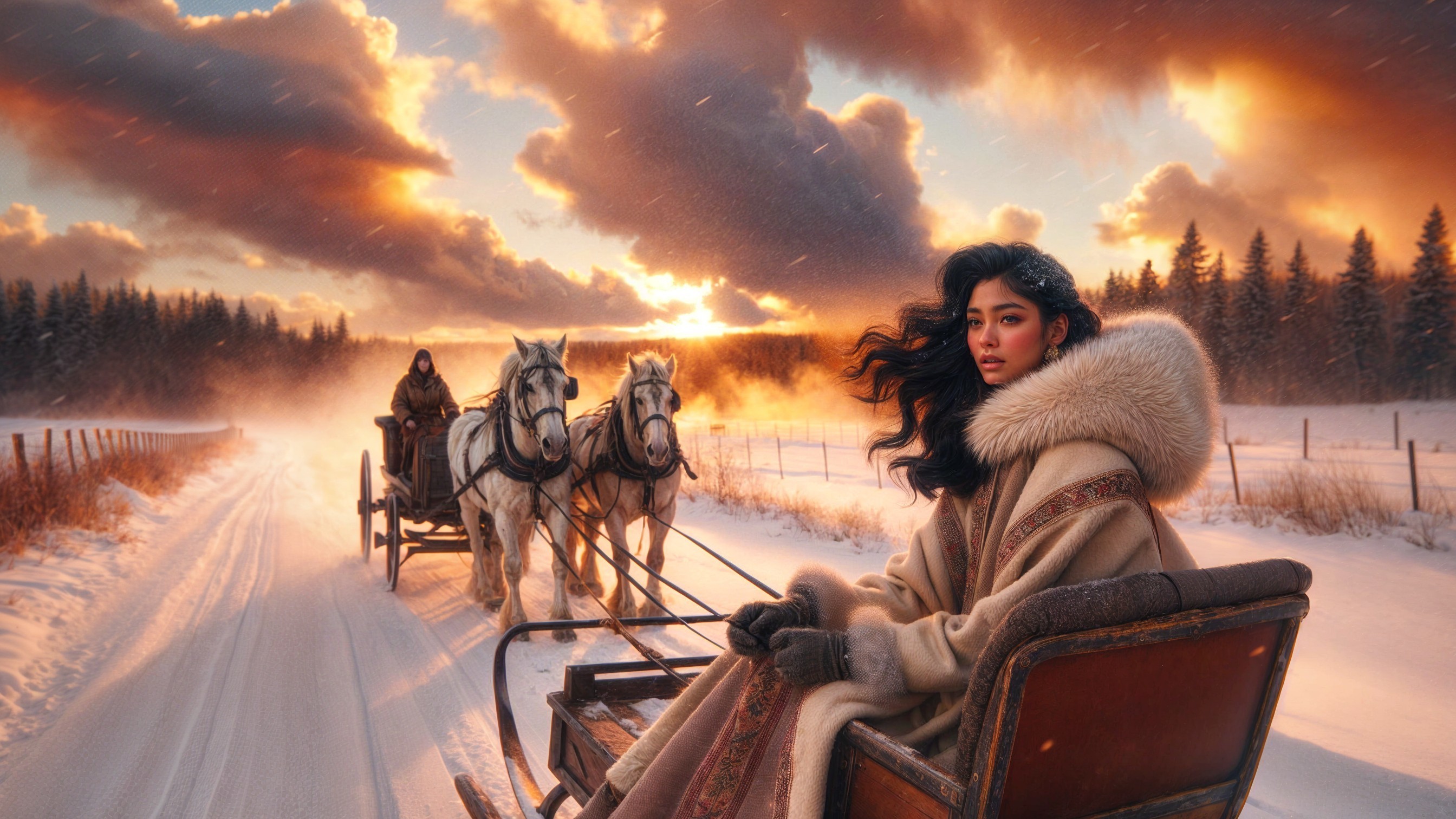 Winter Scene with Sleighs and Sunset Glow