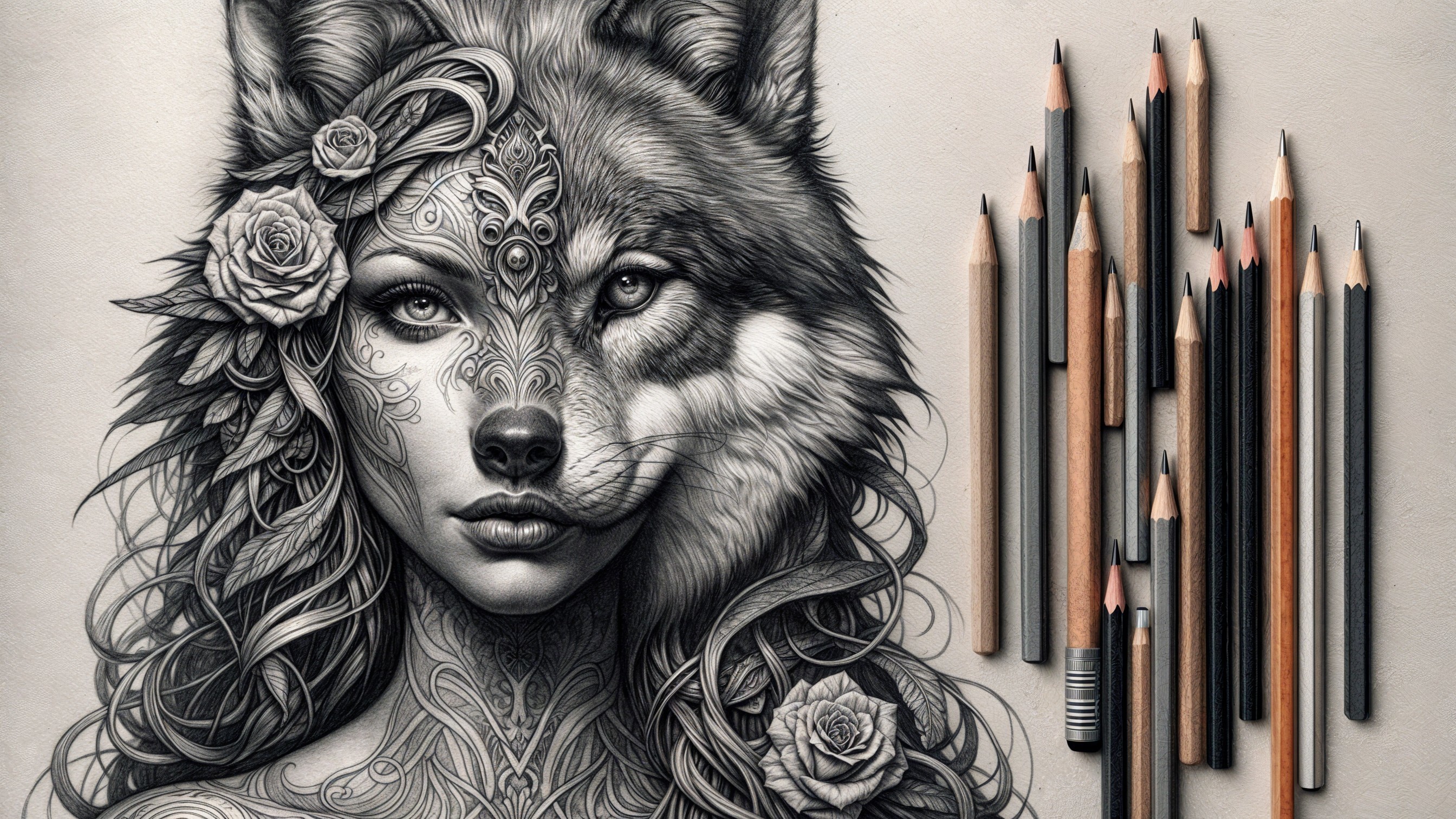Tattoo-Style Illustration of Woman and Wolf Fusion