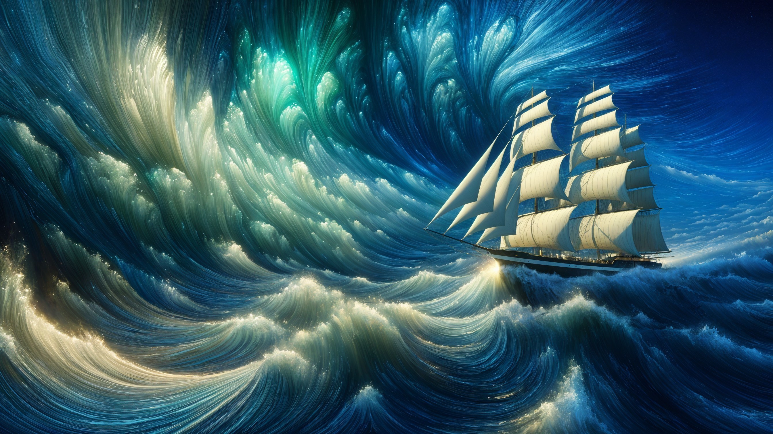 Majestic sailing ship on vibrant blue ocean waves