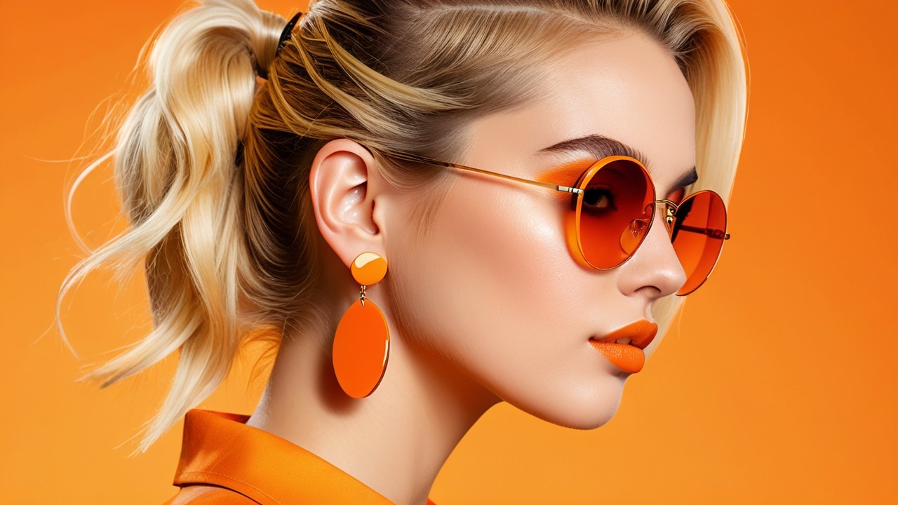 Young Woman in Orange Fashion Against Vibrant Background