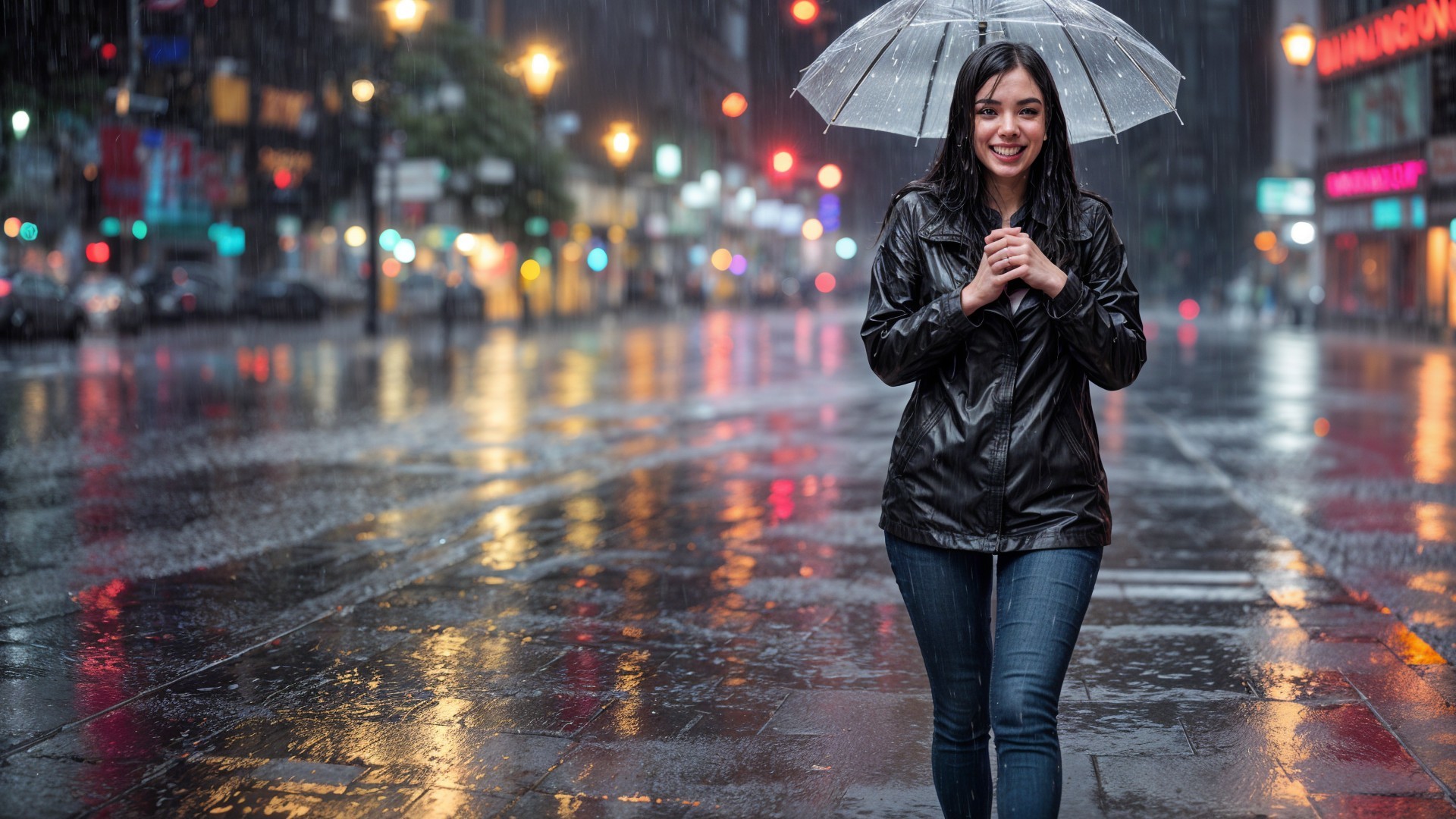 Young woman with umbrella in rainy city street