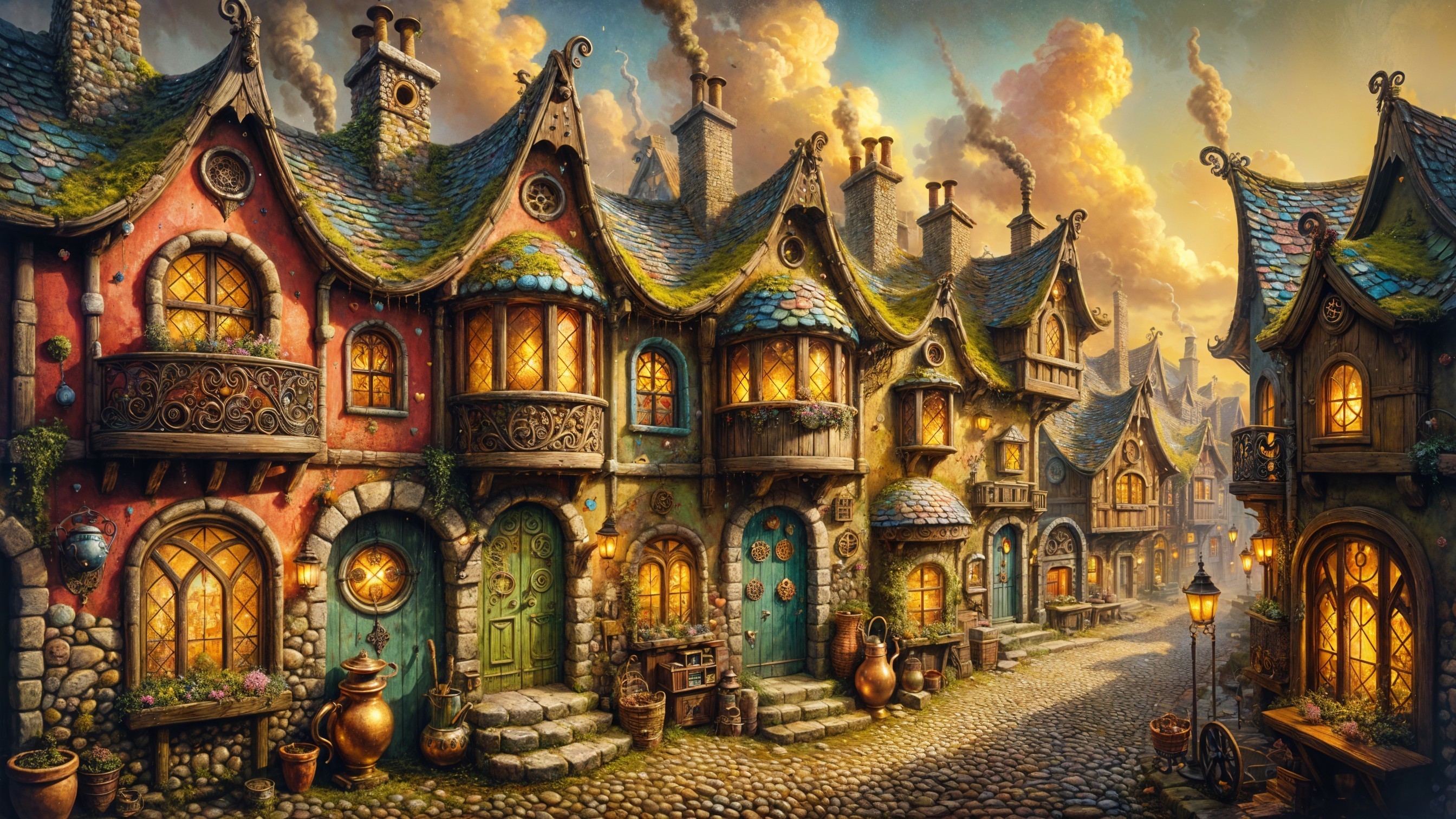 Whimsical Cobblestone Street with Colorful Houses