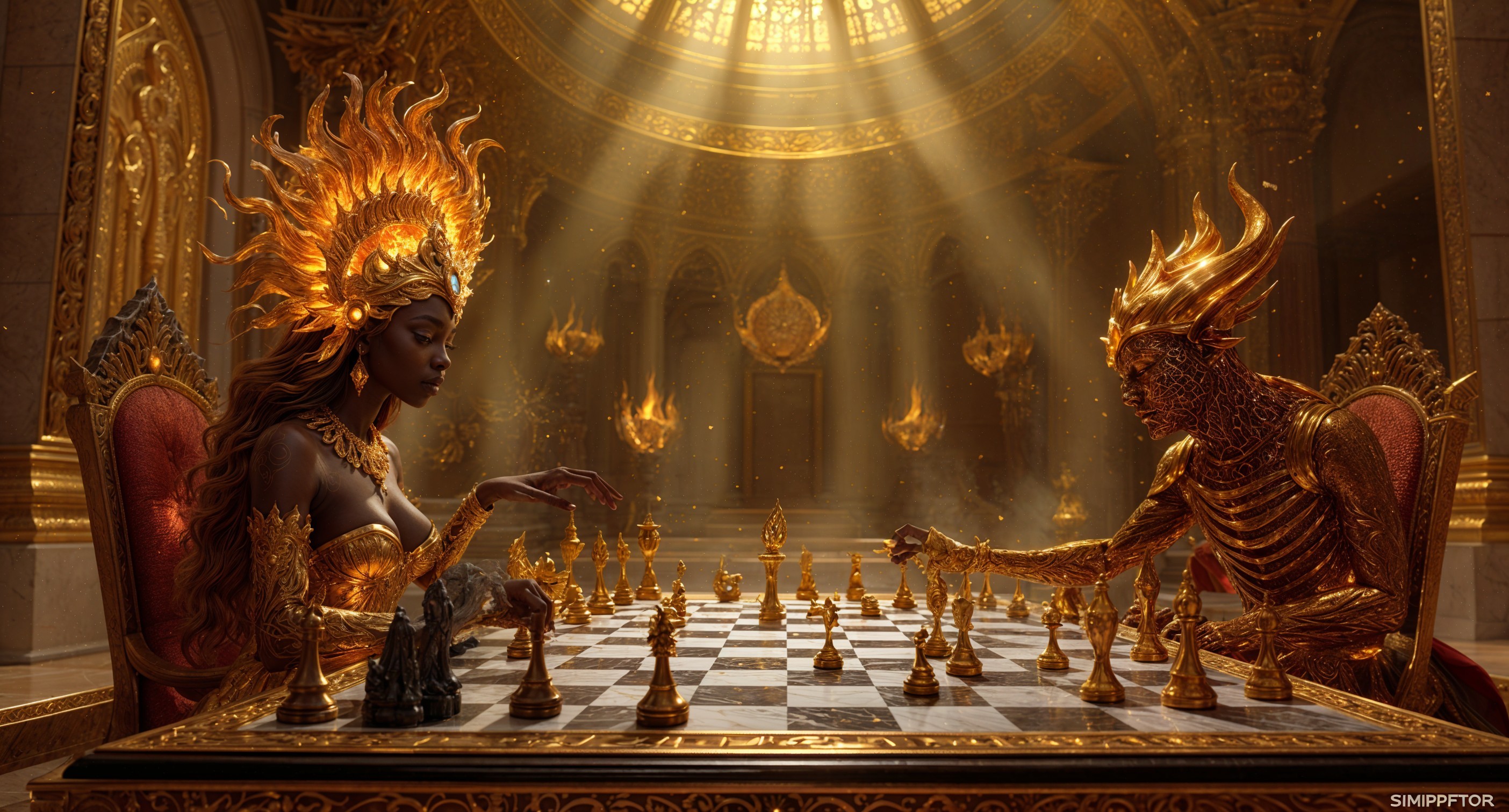 Regal Woman and Skeletal Being in Strategic Chess Battle