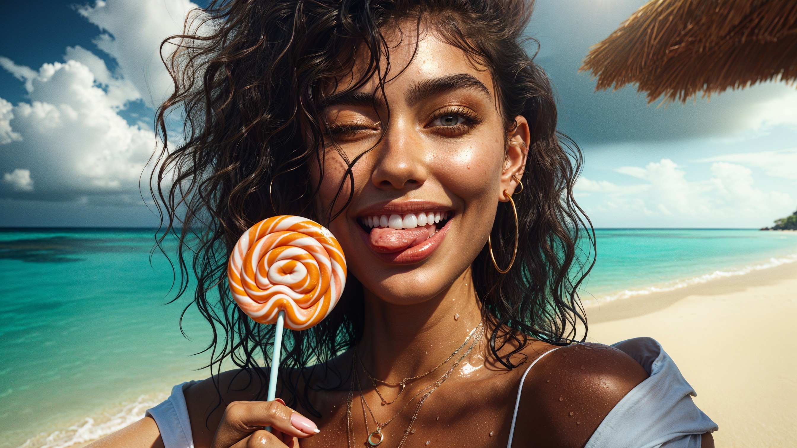 Young woman with lollipop at a vibrant beach scene