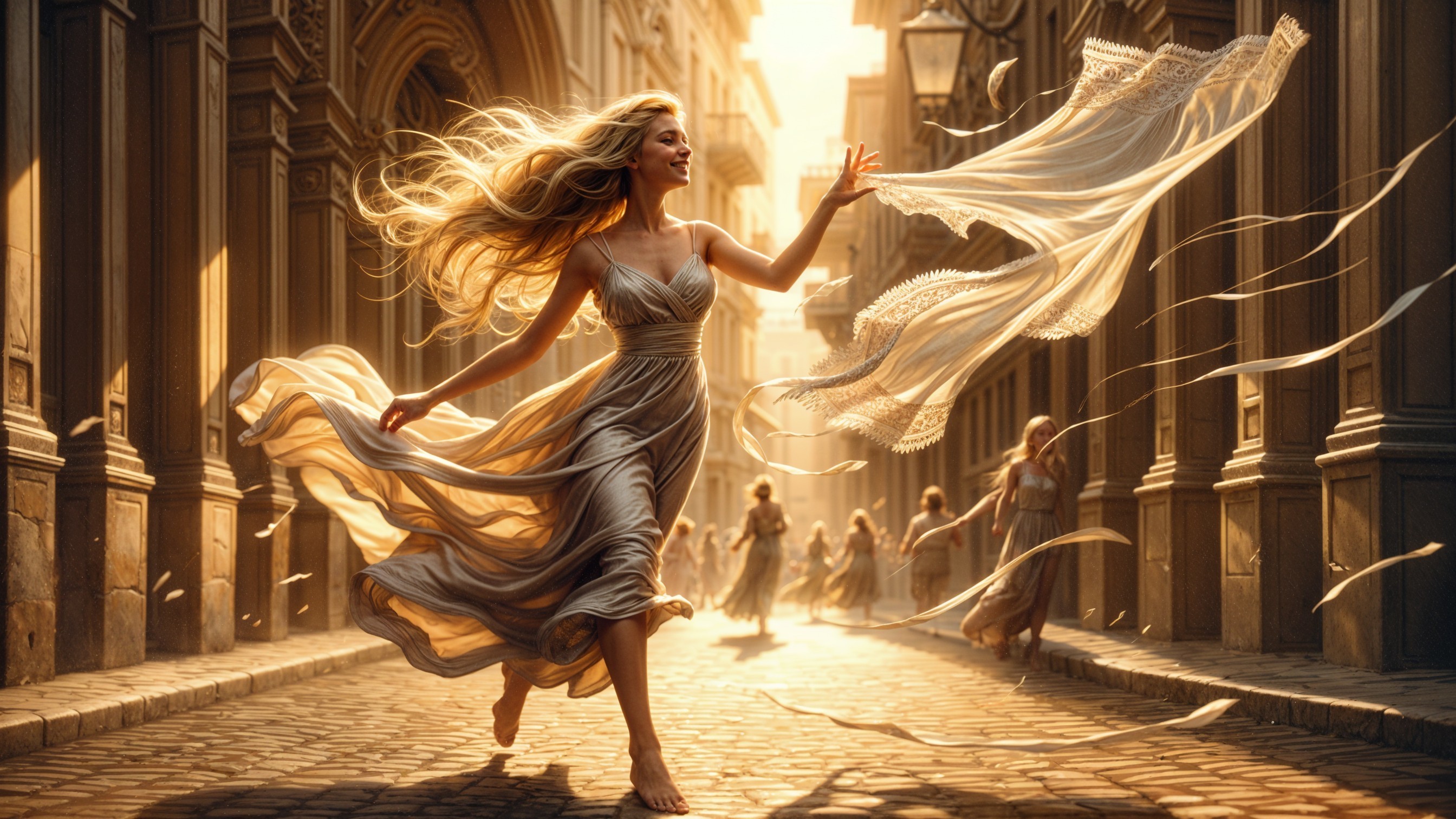 Joyful Dance on a Sunlit Cobblestone Street