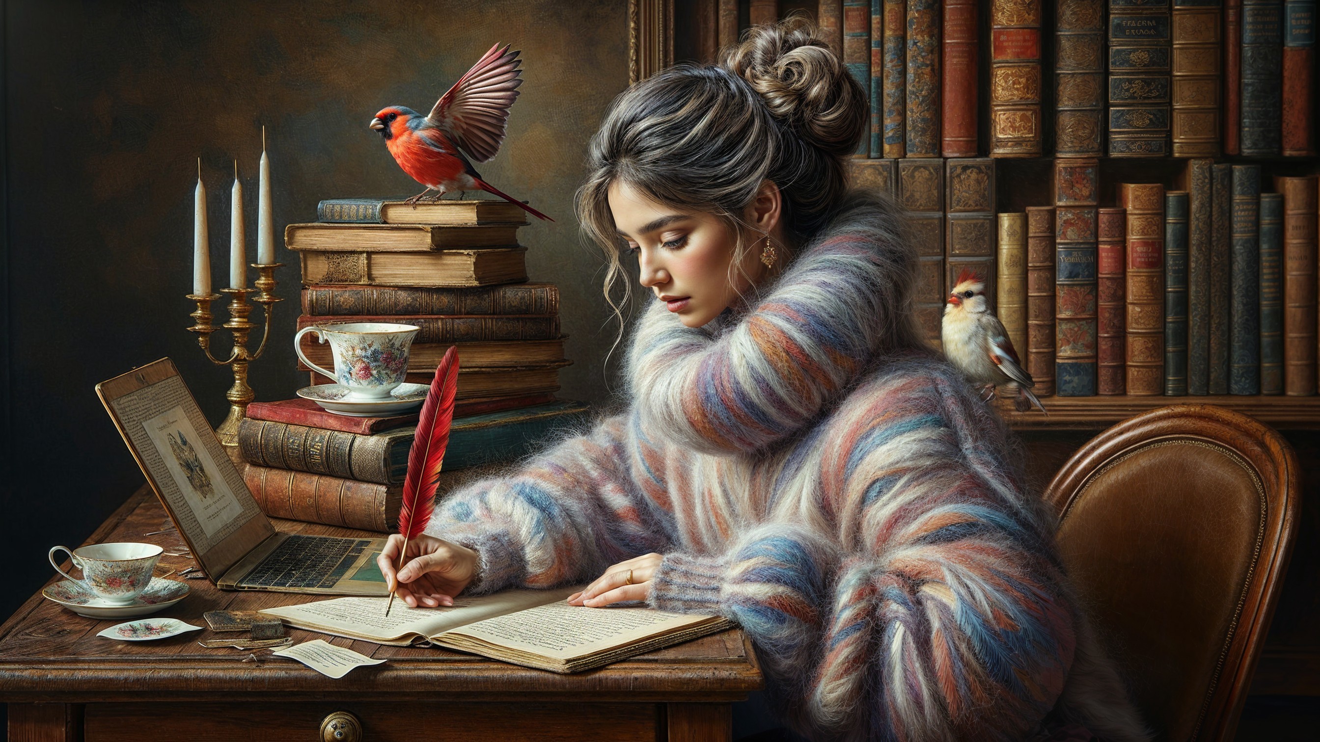 Cozy Library Scene with Young Woman Writing