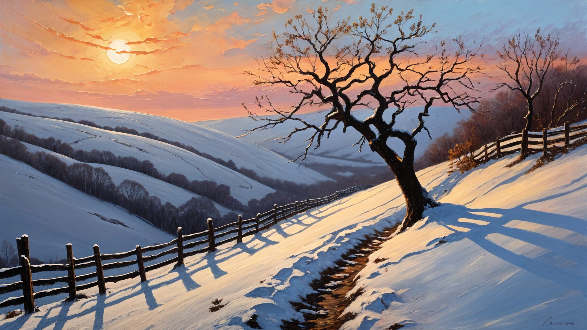 Serene Winter Landscape at Sunset with Bare Tree