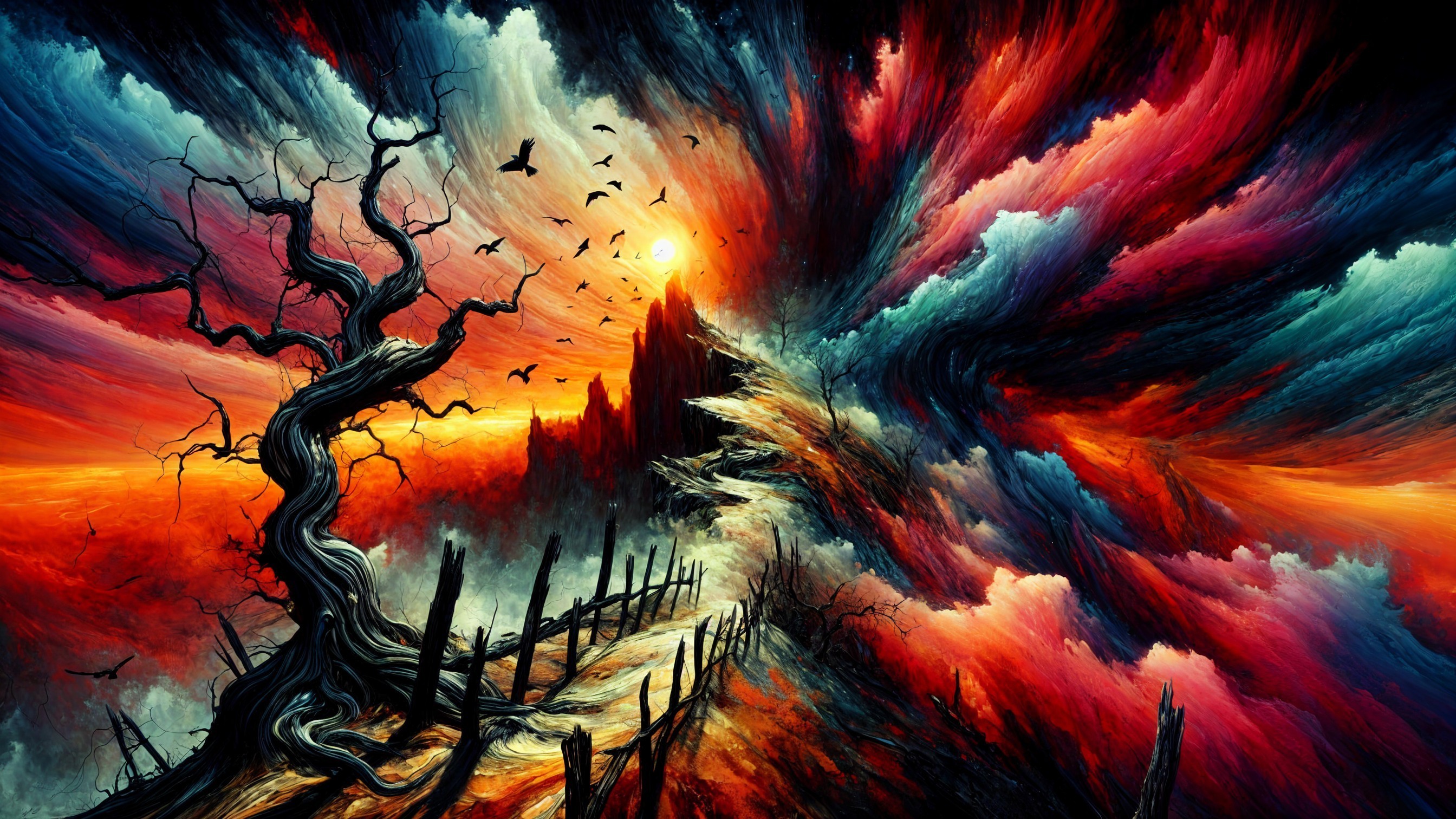 Surreal Landscape with Vibrant Colors and Mountains