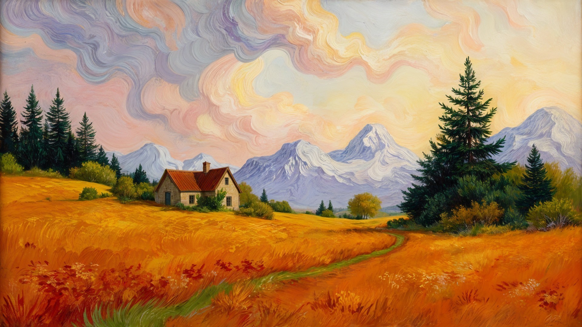 Autumn Landscape with Cottage and Majestic Mountains