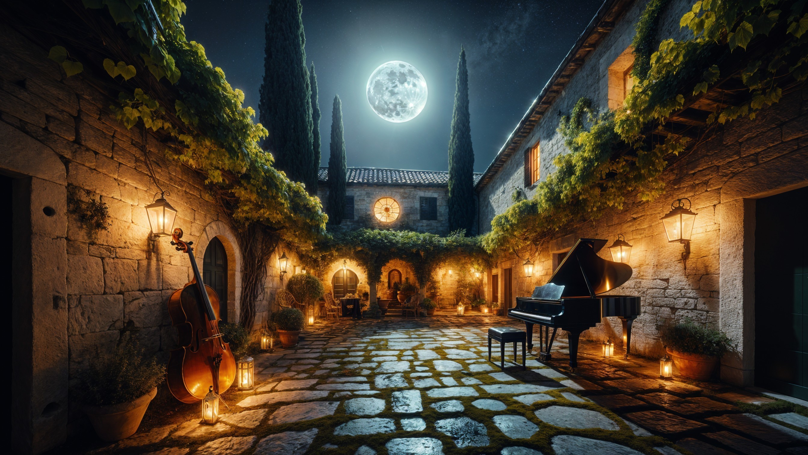 Serene Nighttime Courtyard with Piano and Cello