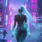 Futuristic cityscape with neon lights and mist