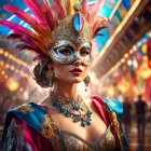 Colorful Carnival Costume with Feathered Mask at Festival
