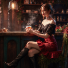Woman in Off-Shoulder Top at Rustic Bar Setting