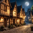 Charming cobblestone street in a quaint village at night