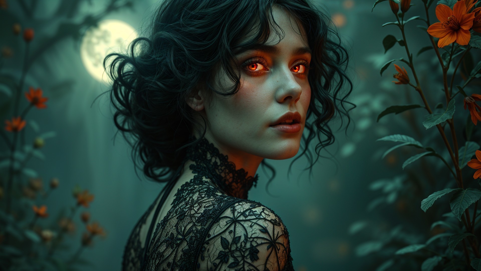Young Woman with Orange Eyes in Enchanted Forest