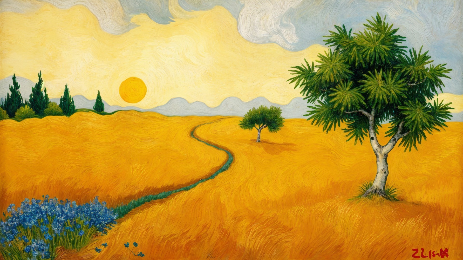 Vibrant Landscape with Golden Fields and Blue Flowers