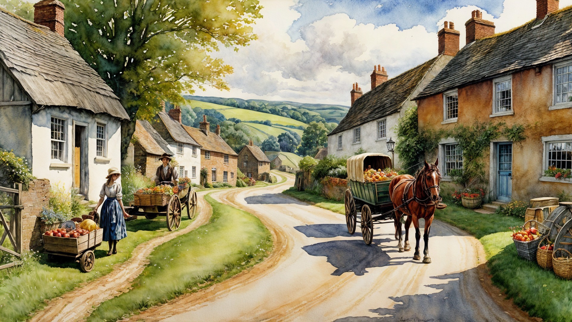 Charming Countryside Scene with Cottages and Fruit Carts