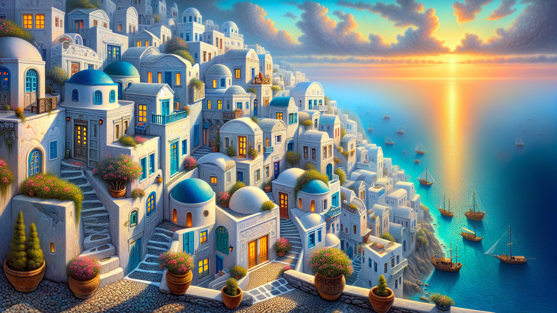 Coastal Village at Sunset with White-Washed Buildings