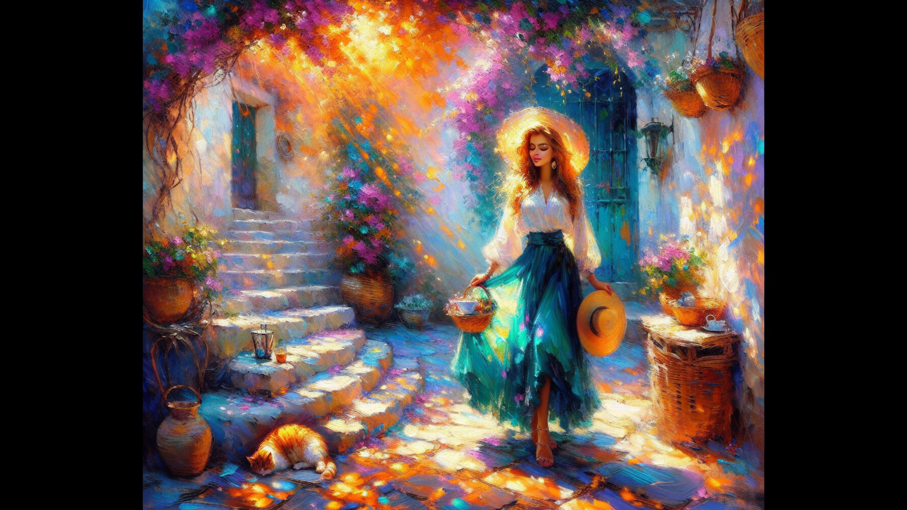 Young Woman in Green Skirt in Sunlit Flower Alley