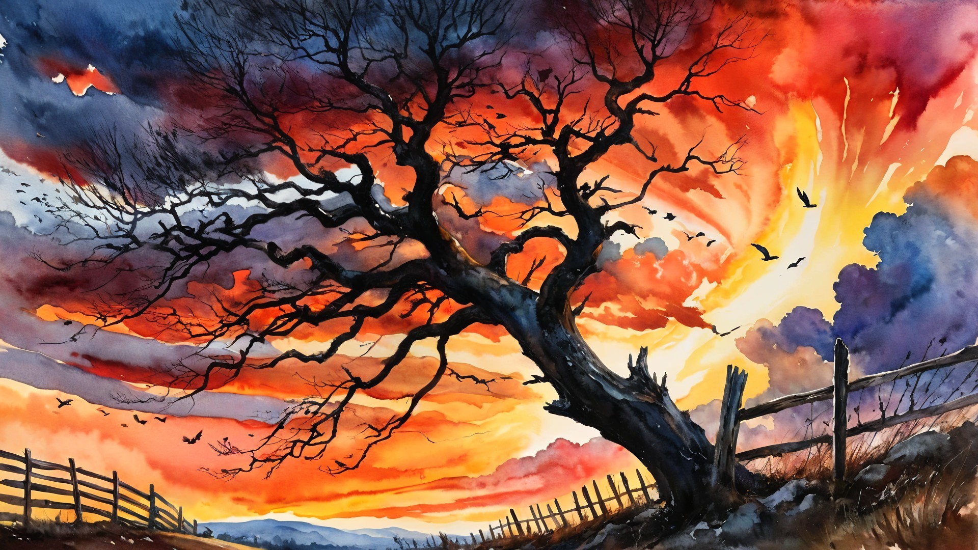 Watercolor Painting of a Dramatic Sunset with Tree