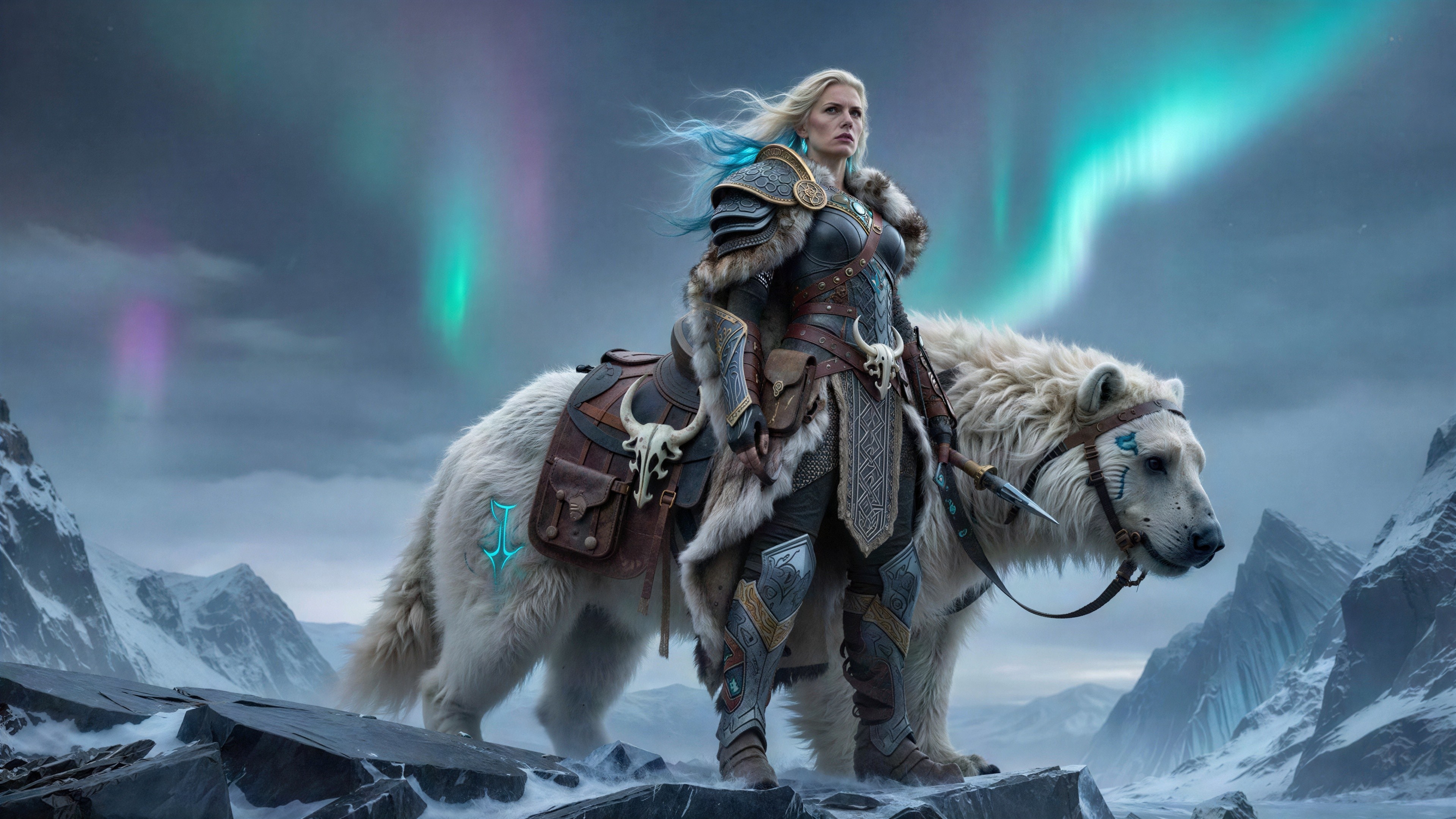 Nordic Warrior Woman with Polar Bear in Elaborate Armor