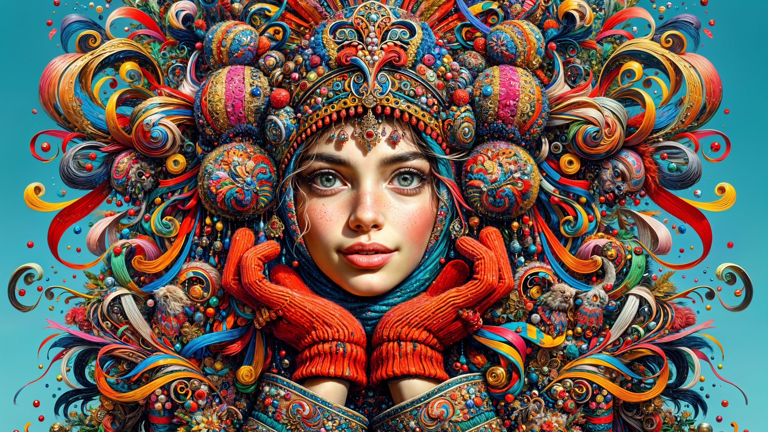 Vibrant Portrait of Young Woman with Colorful Headdress