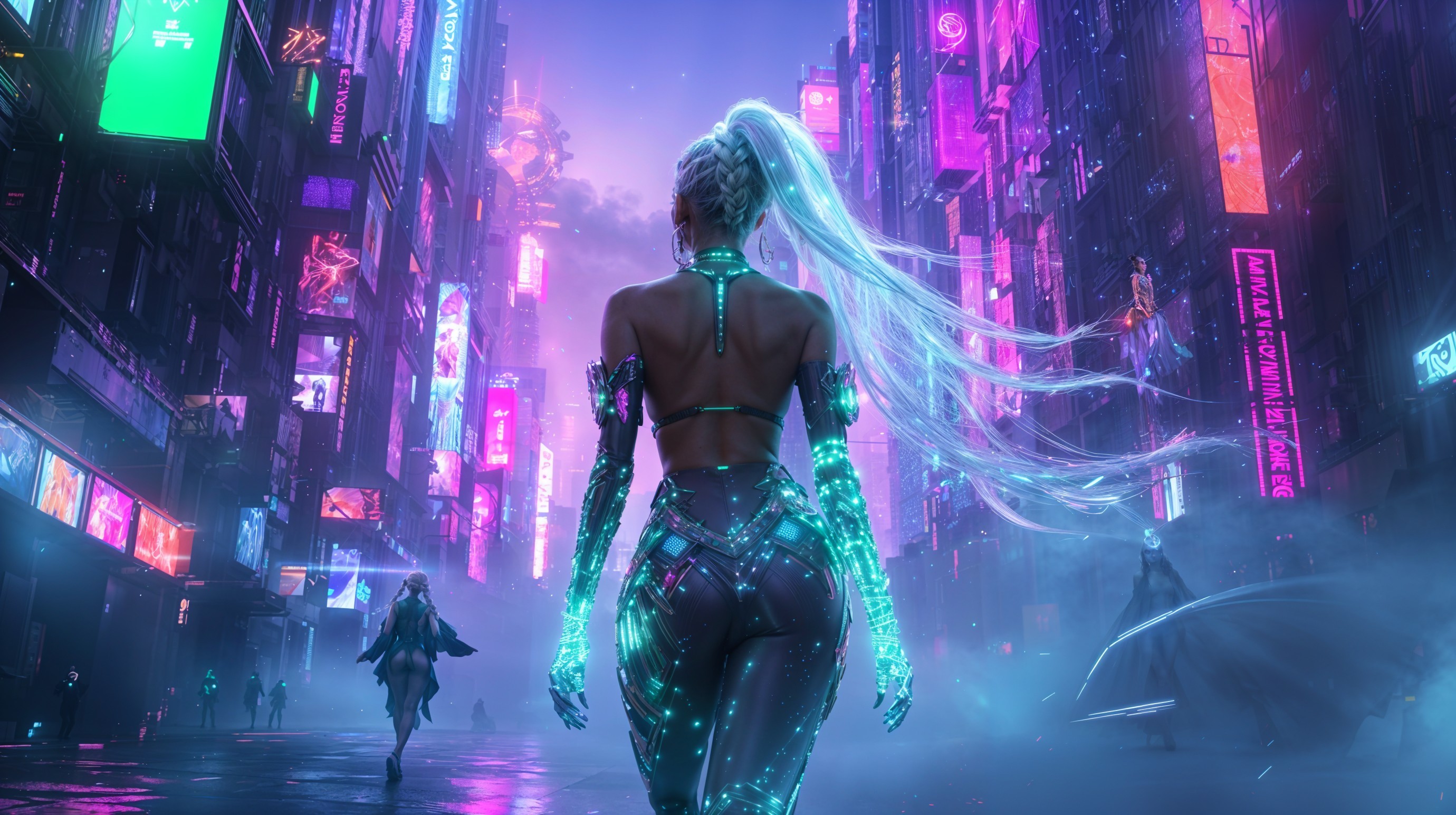 Futuristic cityscape with neon lights and mist