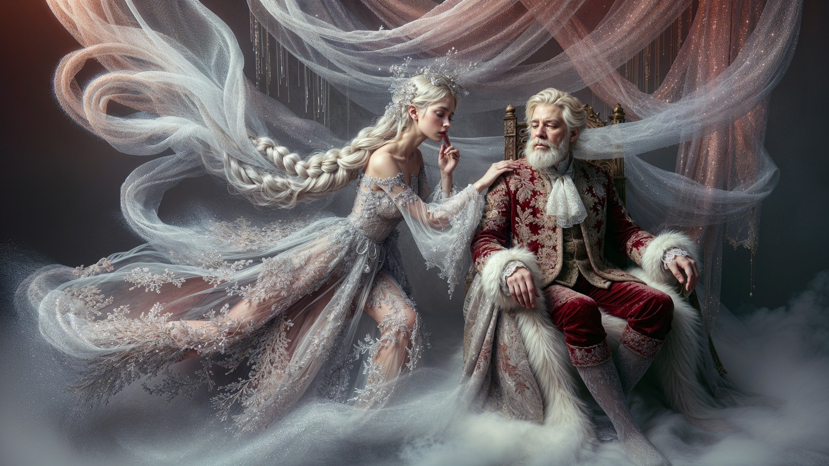 Ethereal Scene of Woman Approaching Regal Figure