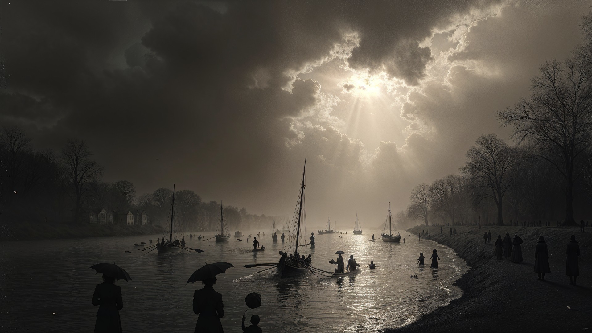 Serene Riverside Scene with Sailboats and Silhouettes