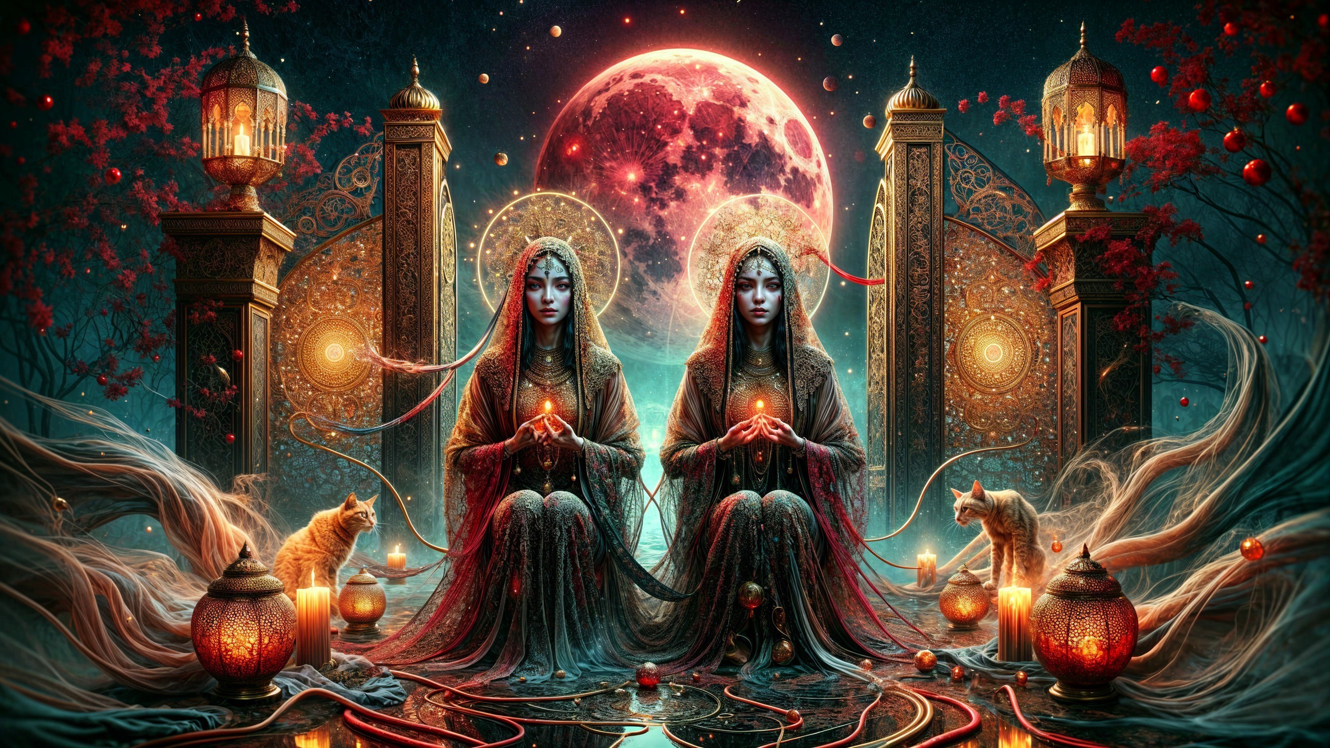 Enigmatic Women with Orbs in Mystical Moonlit Scene