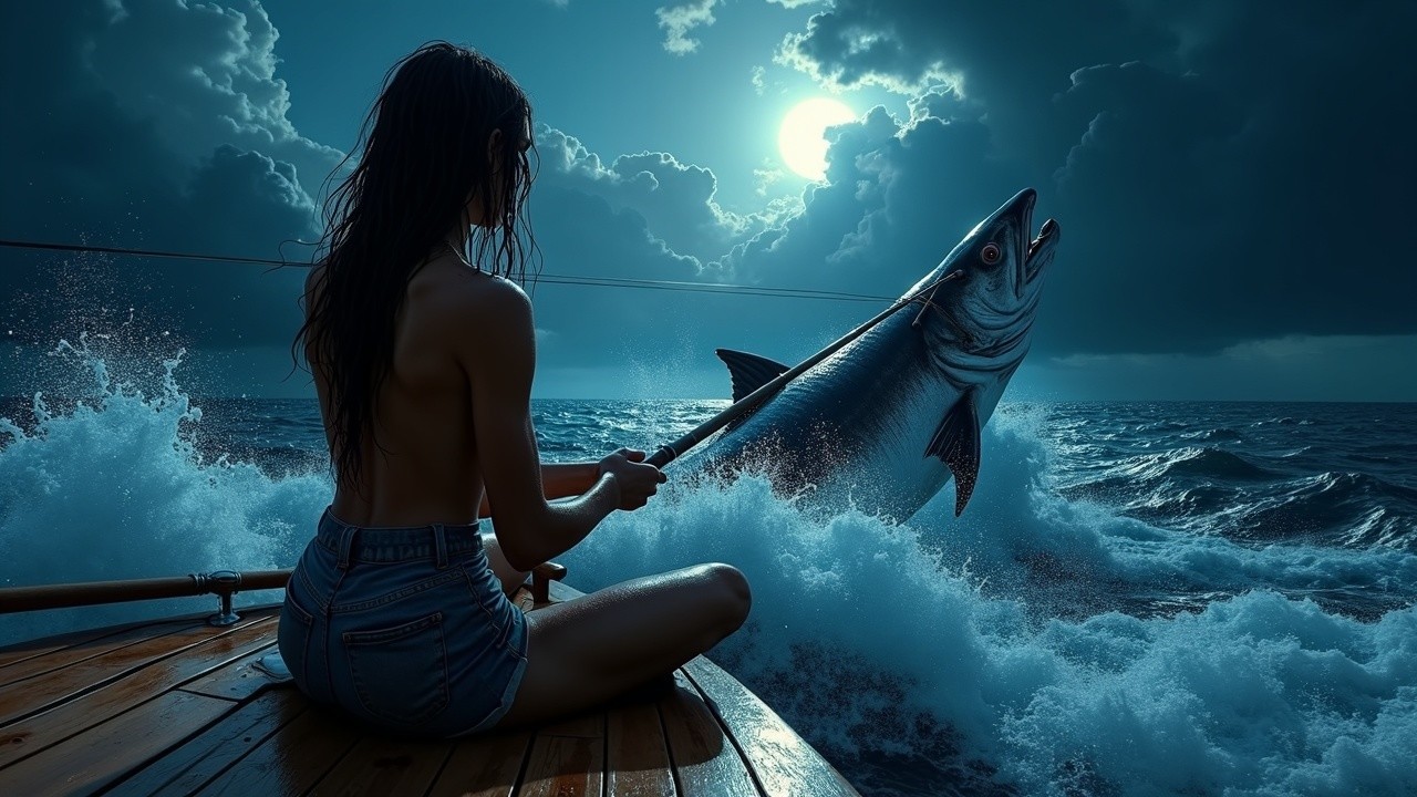 Nighttime Fishing Scene with Woman and Leaping Fish