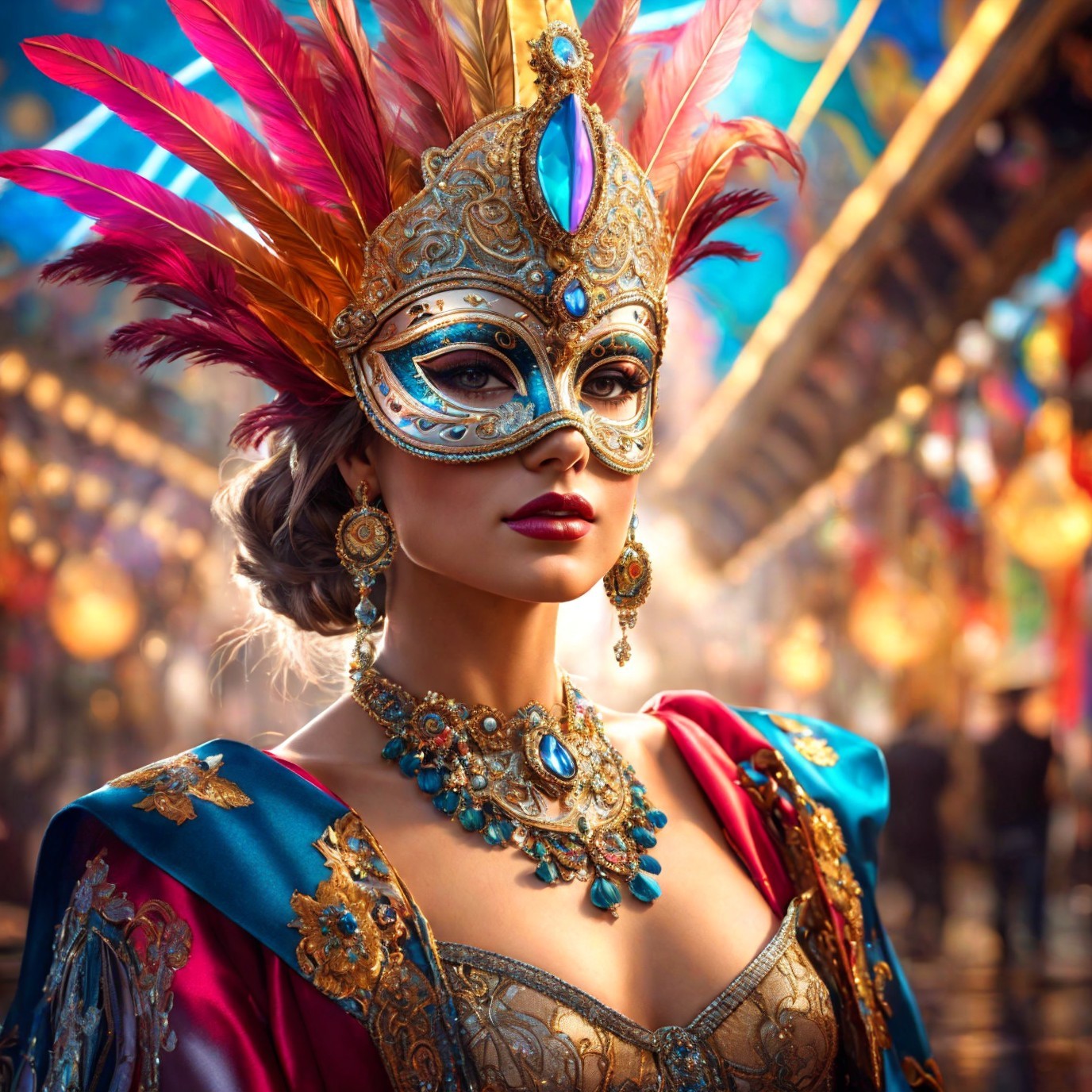 Colorful Carnival Costume with Feathered Mask at Festival