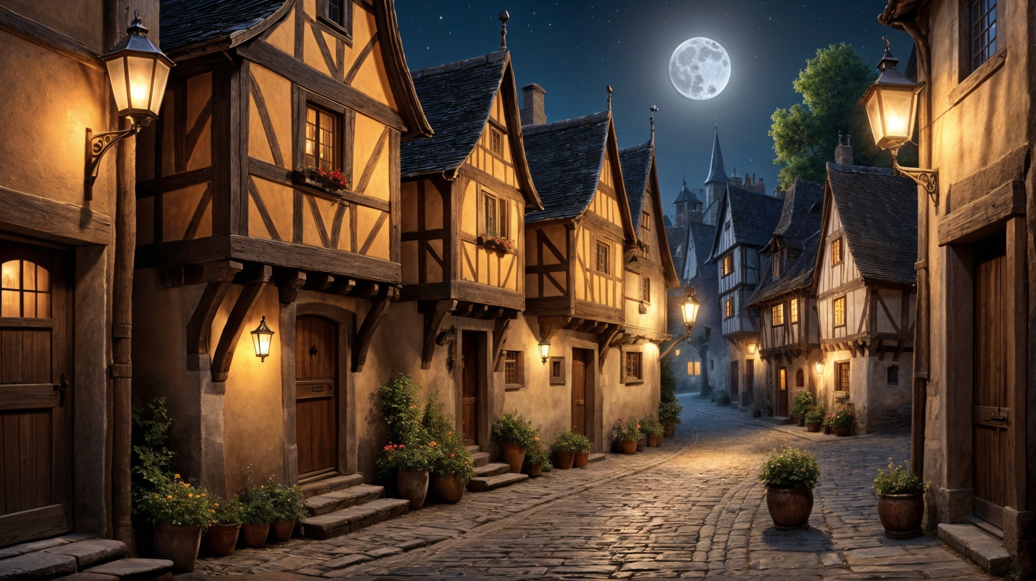 Charming cobblestone street in a quaint village at night