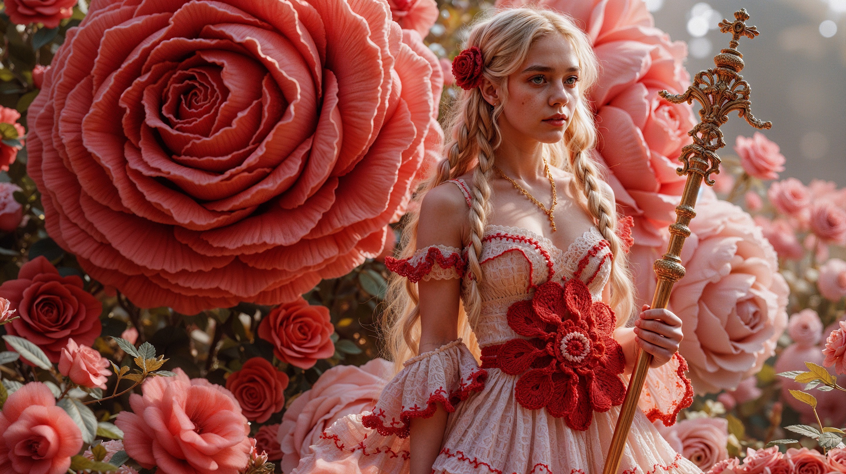 Young woman in floral dress with oversized roses