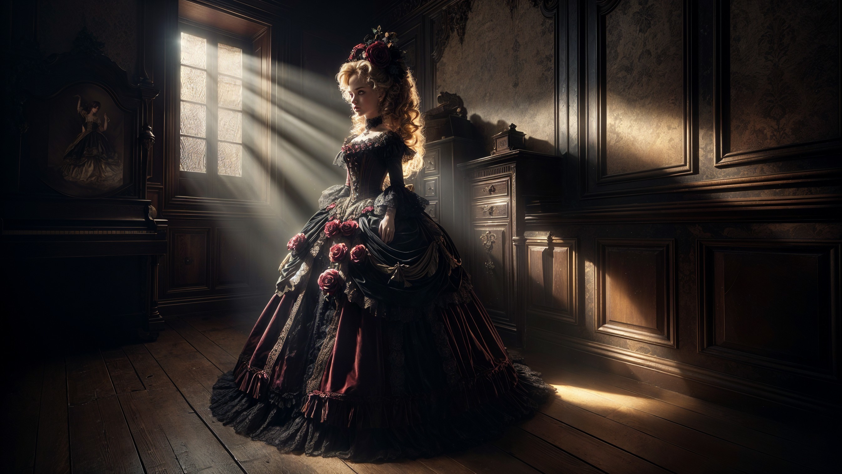 Gothic Room with Woman in Dark Gown and Roses