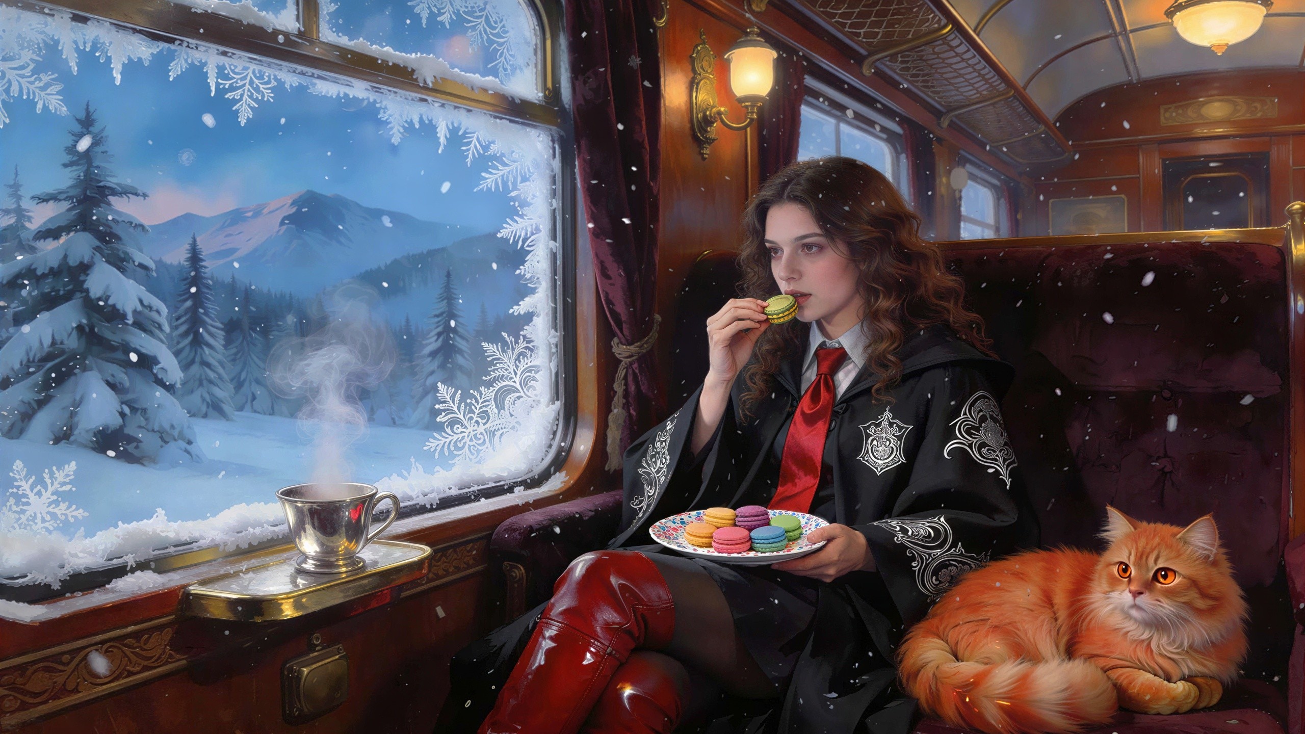 Photorealistic Painting of Woman in Ornate Train Setting