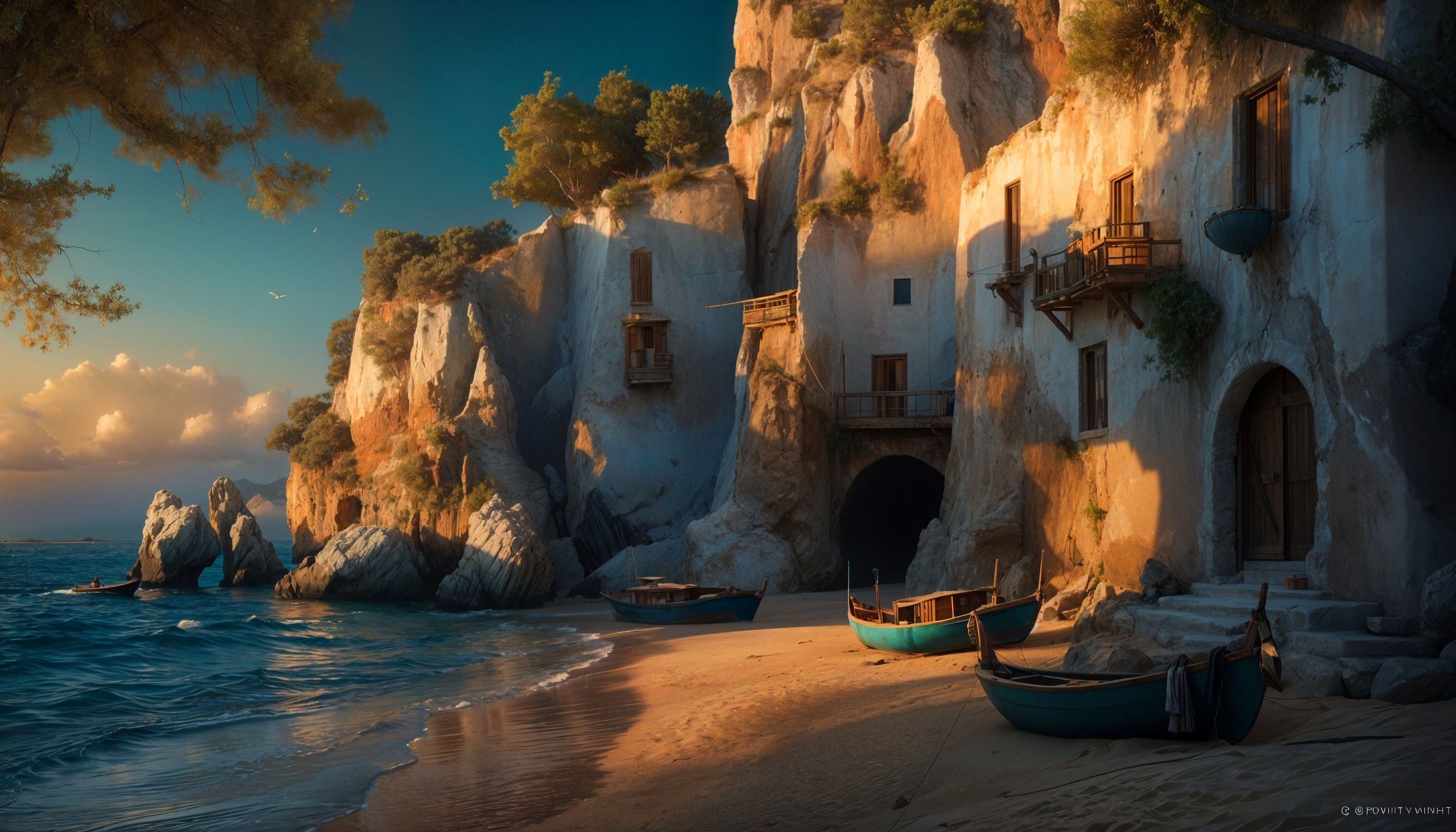 Serene Coastal Scene with Rustic Cottages and Cliffs