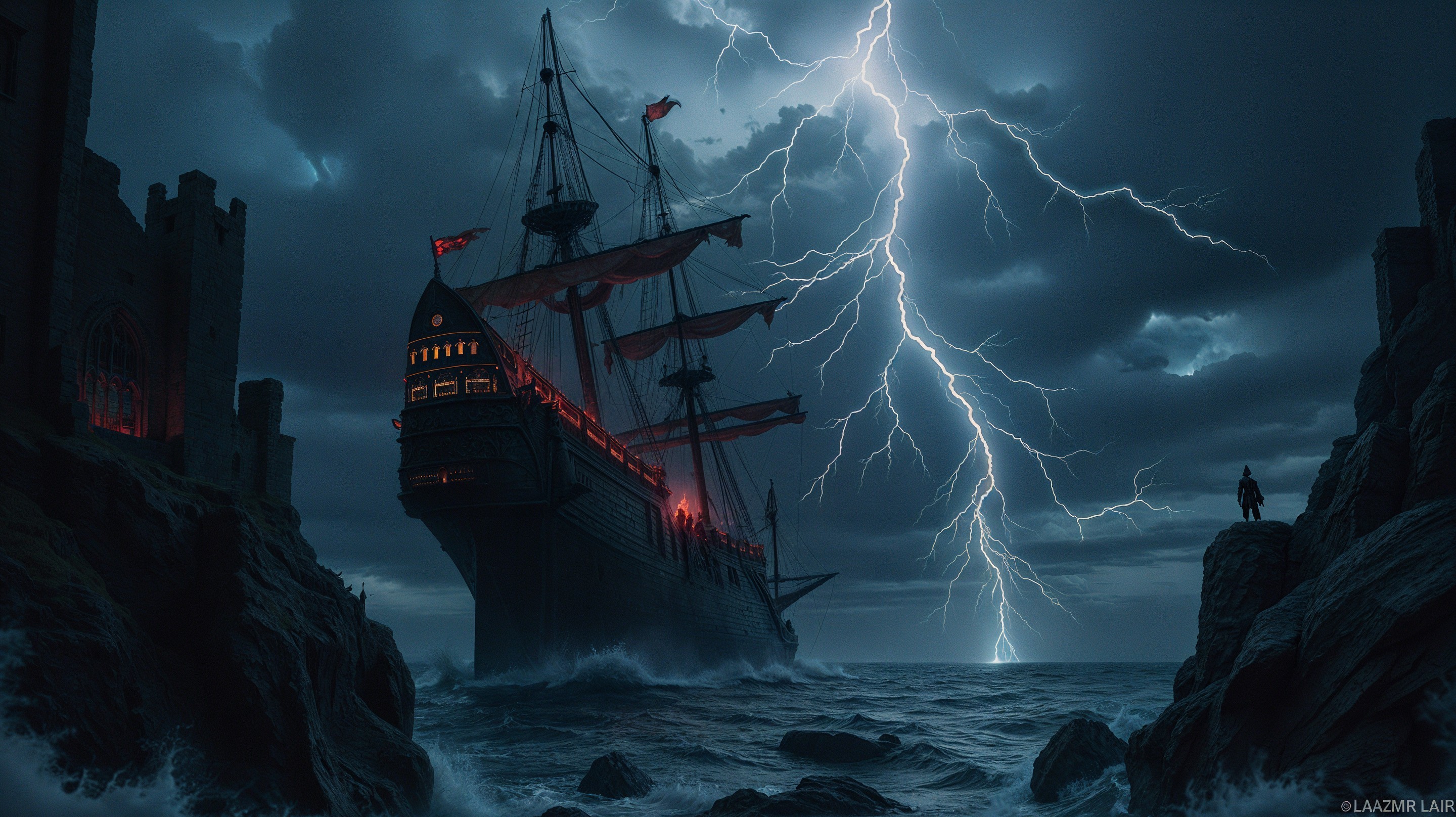 Majestic ship in stormy sky with ominous atmosphere