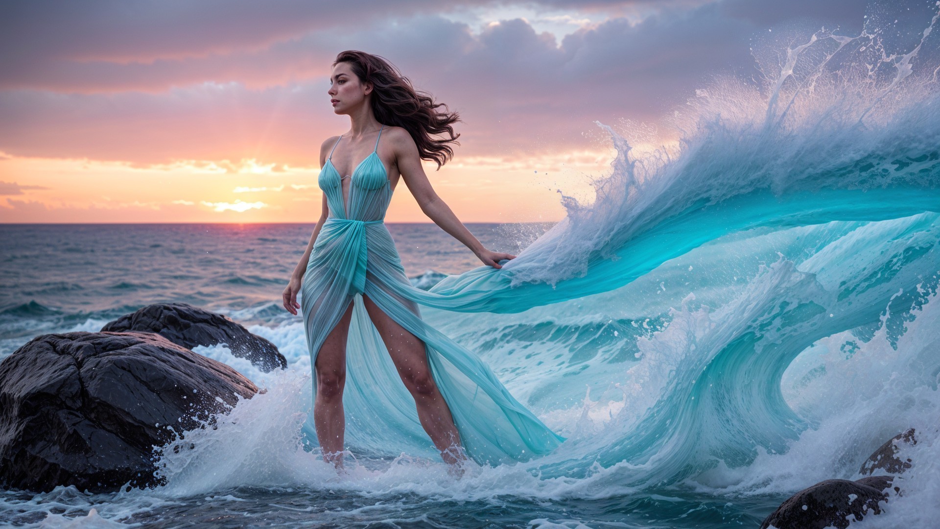 Woman in Aqua Dress on Rocky Shore at Sunset