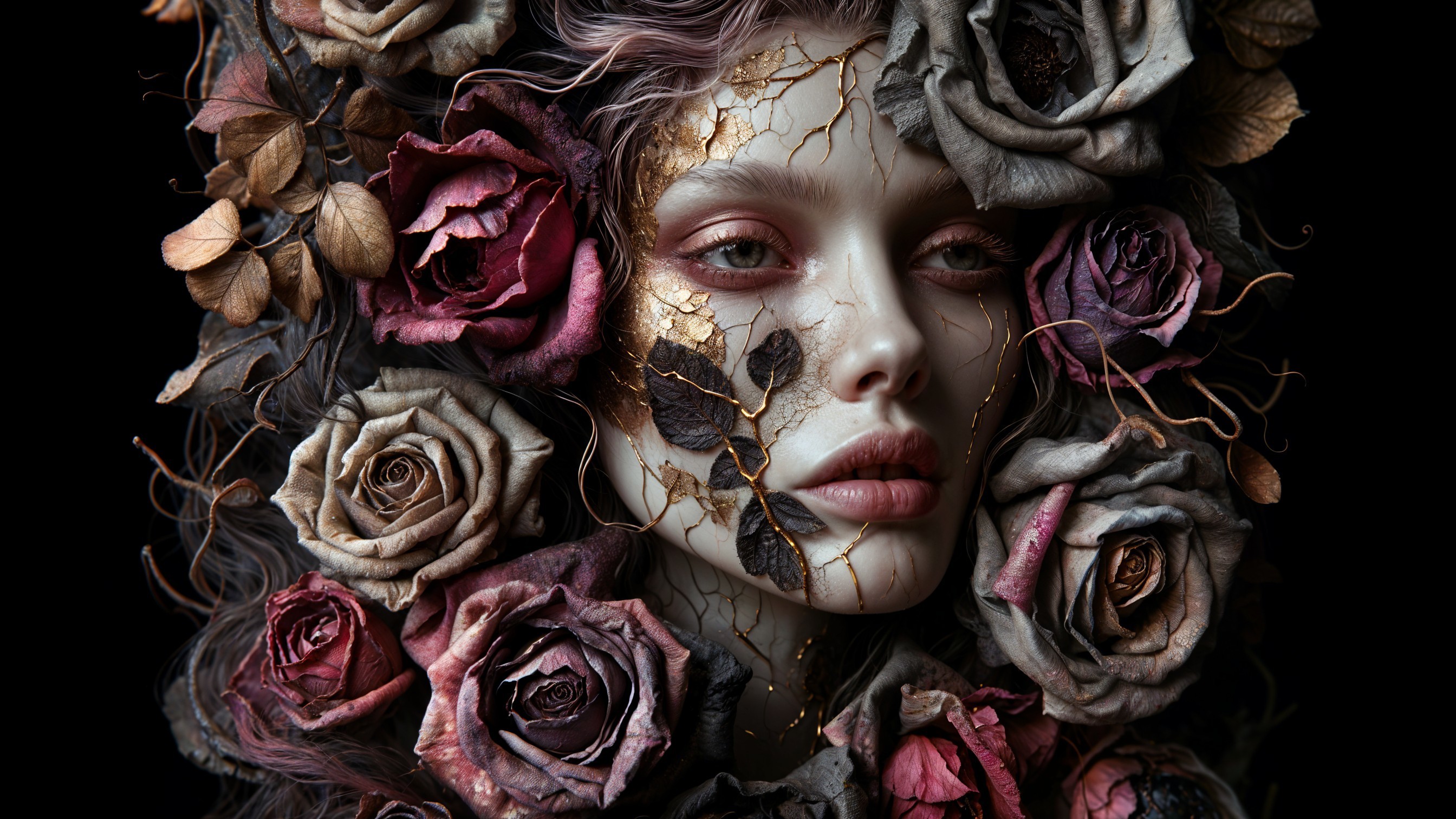 Haunting Figure Surrounded by Wilted Roses and Decay