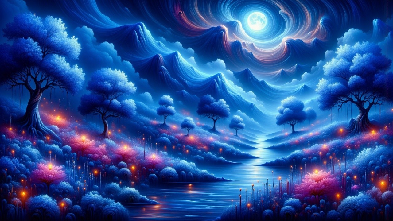 Surreal Blue Landscape with Glowing Trees and Moonlight
