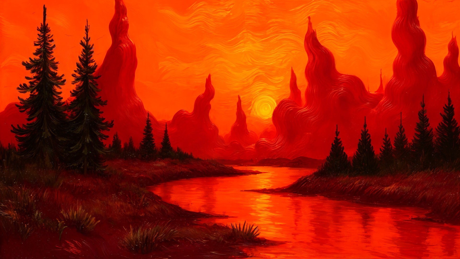 Surreal Landscape with Fiery Sunset and River Reflection