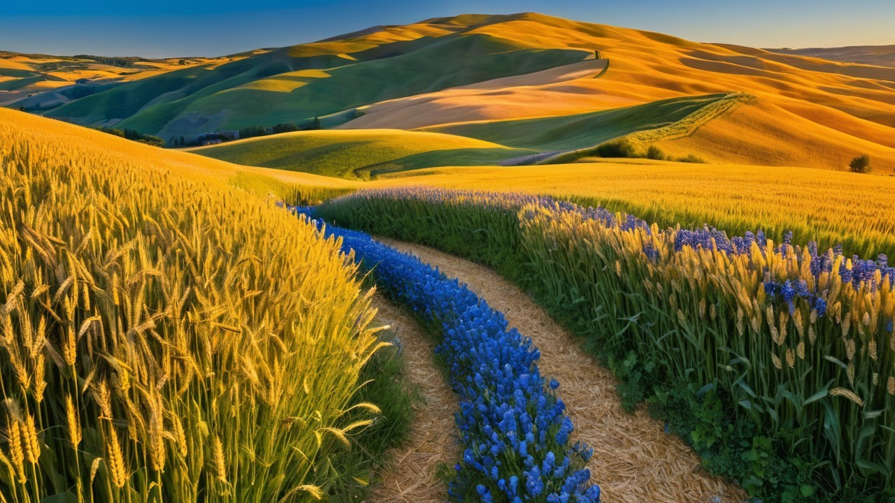 Golden Wheat Fields and Blue Flowers in Countryside