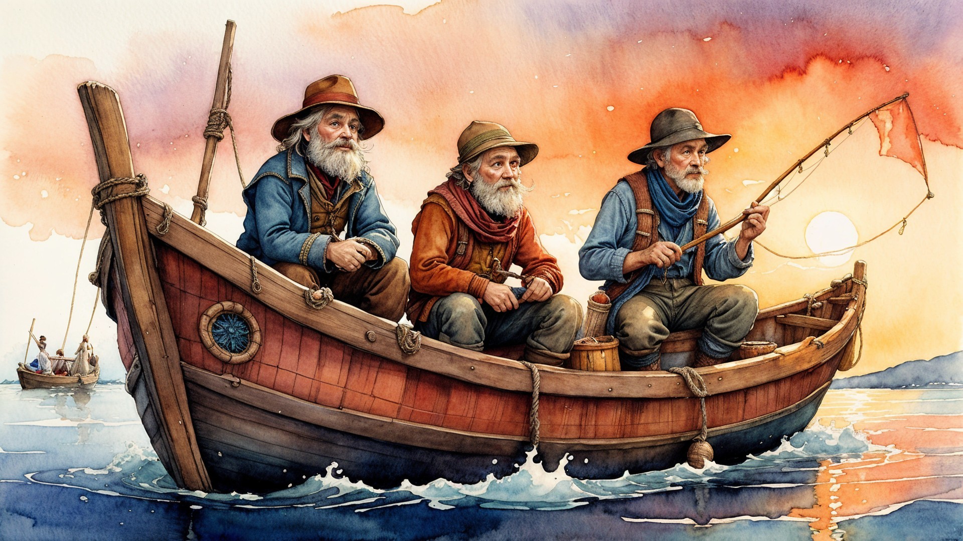 Elderly fishermen in a boat during a sunset fishing trip