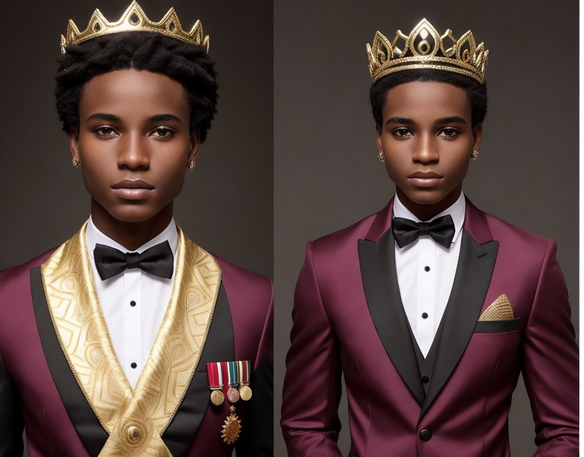 Young person in burgundy tuxedo with crown and medals on gray background