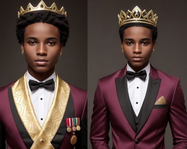 Young person in burgundy tuxedo with crown and medals on gray background