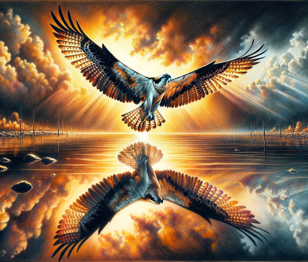 Eagle flying over calm water at sunset