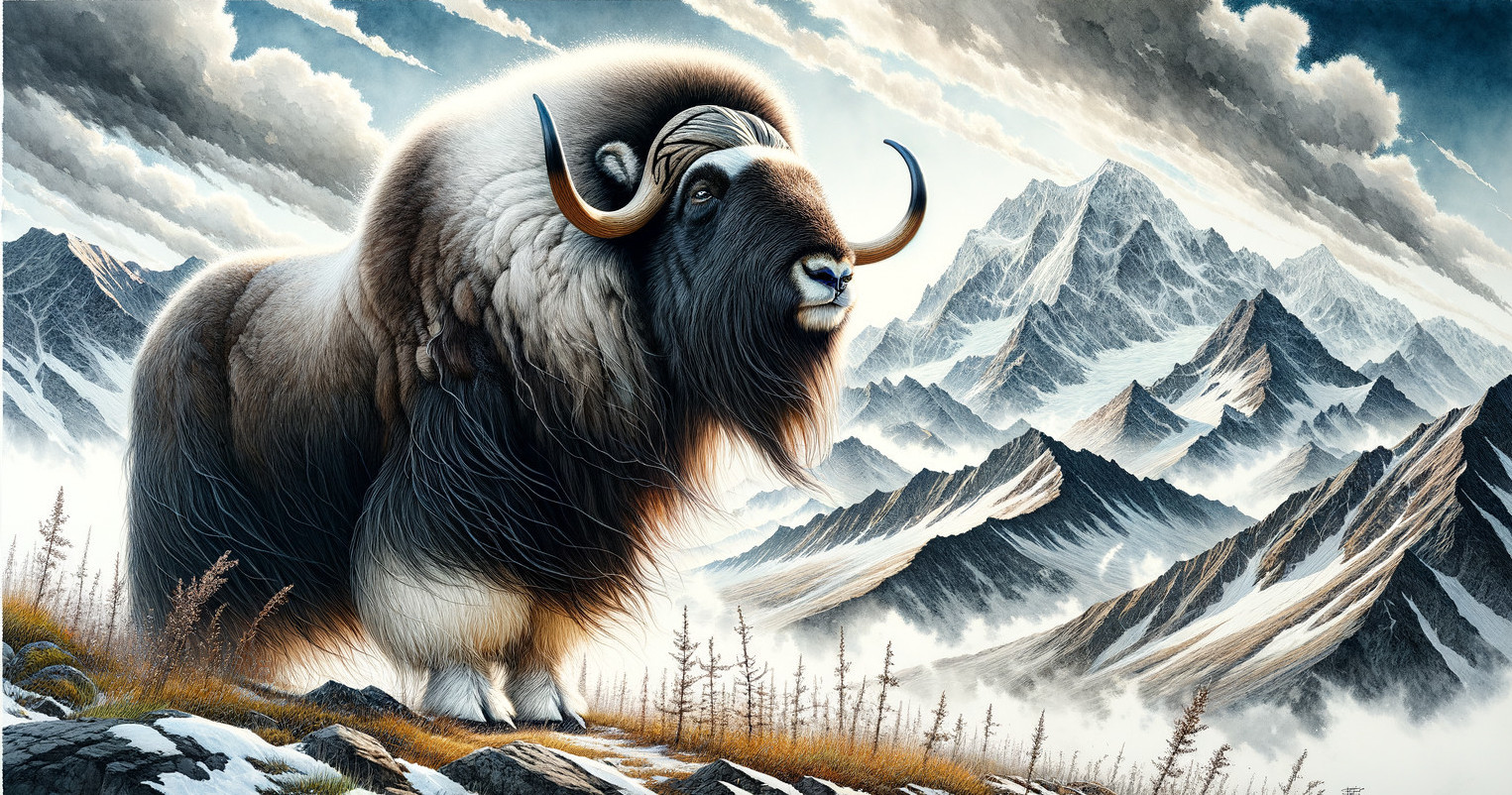 Majestic muskox on rocky outcrop in misty mountain landscape